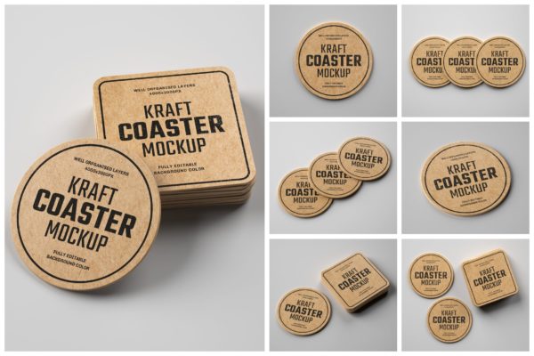 牛皮纸复古杯垫品牌标签设计样机模板集 Kraft Beverage Coaster Mockup Set