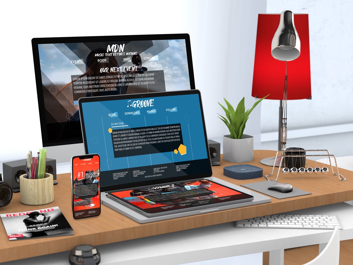 响应式办公桌场景网站UI设计效果图样机 Responsive Website PSD Mock-up Desk设计素材模板