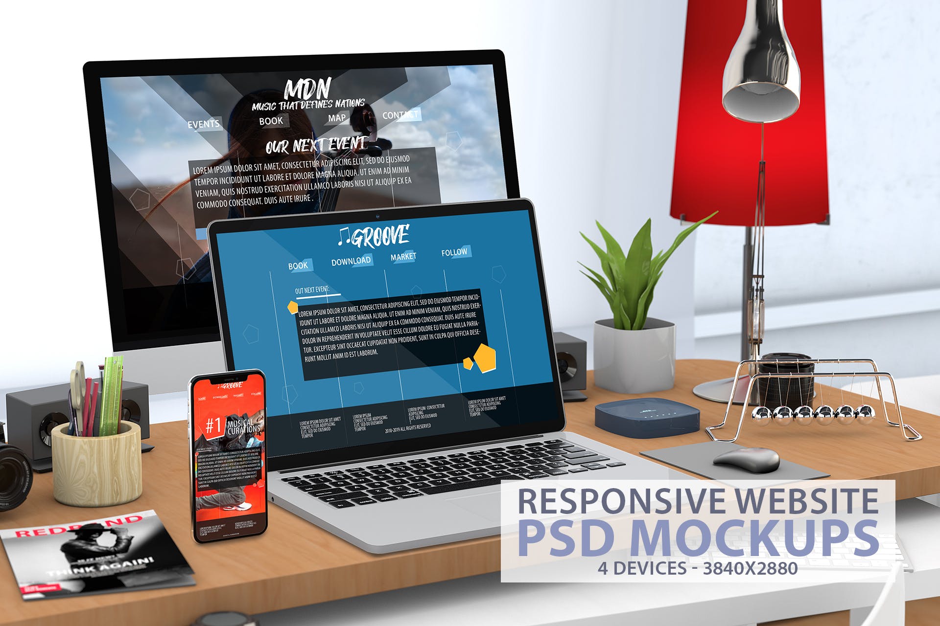 响应式办公桌场景网站UI设计效果图样机 Responsive Website PSD Mock-up Desk设计素材模板