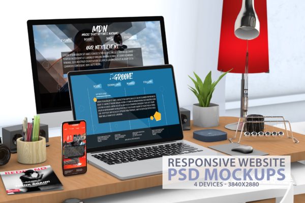 响应式办公桌场景网站UI设计效果图样机 Responsive Website PSD Mock-up Desk