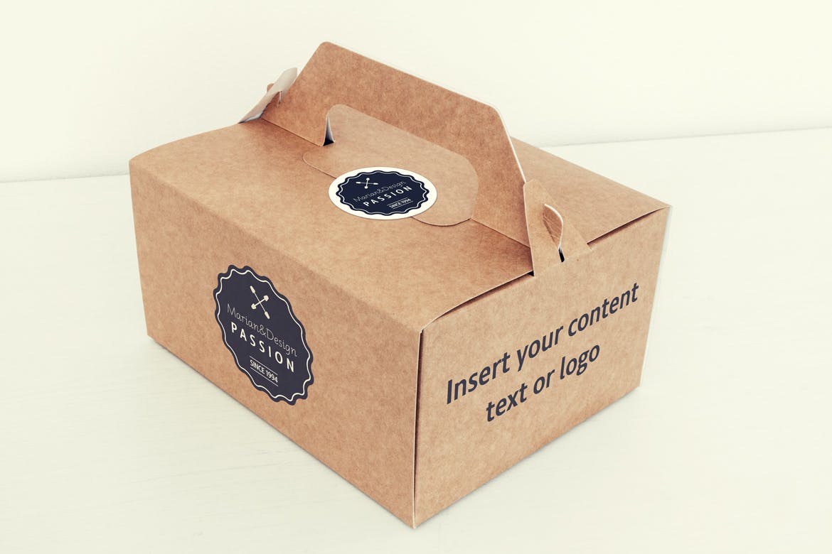 品牌Logo设计&蛋糕外带盒包装效果图样机模板 Photorealistic Paper Box & Logo Mock-Up设计素材模板