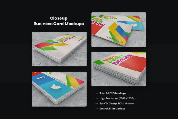 名片多彩设计效果图特写样机 Close-up Business Card Mock-ups