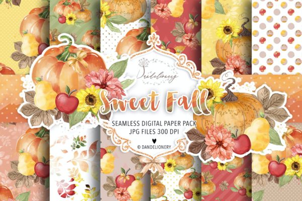 水彩秋天南瓜图案背景素材包 Sweet Fall Pumpkin digital paper pack