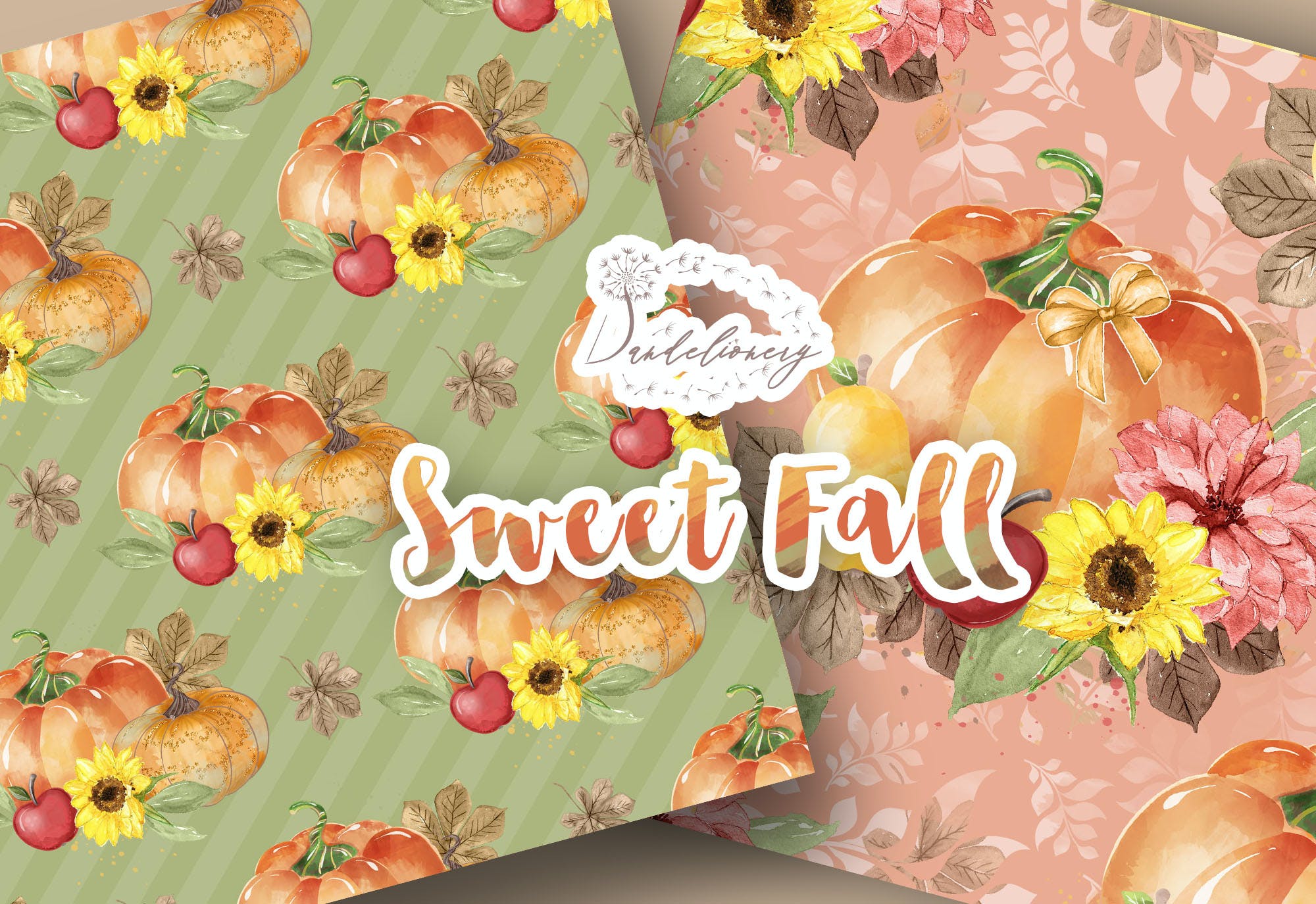 水彩秋天南瓜图案背景素材包 Sweet Fall Pumpkin digital paper pack设计素材模板