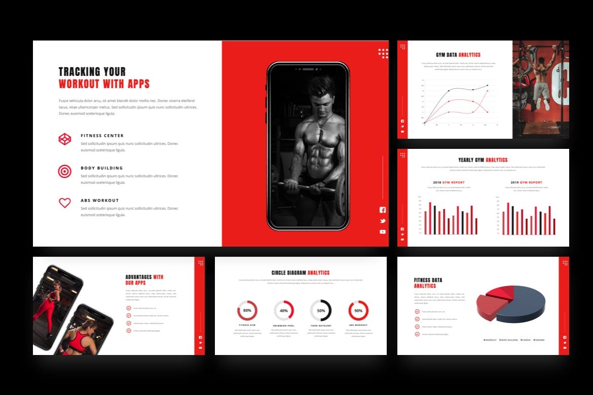 健身工作室演说推广PPT模板合集 Shapes – Gym & Bodybuilding Powerpoint Template设计素材模板