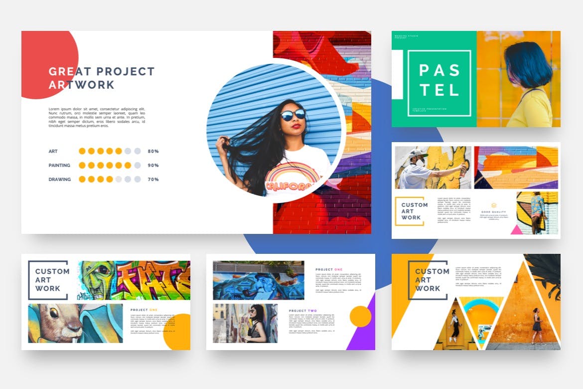 涂鸦设计波普艺术PPT幻灯片模板 Pastel – Pop Art & Graffiti Powerpoint Template设计素材模板