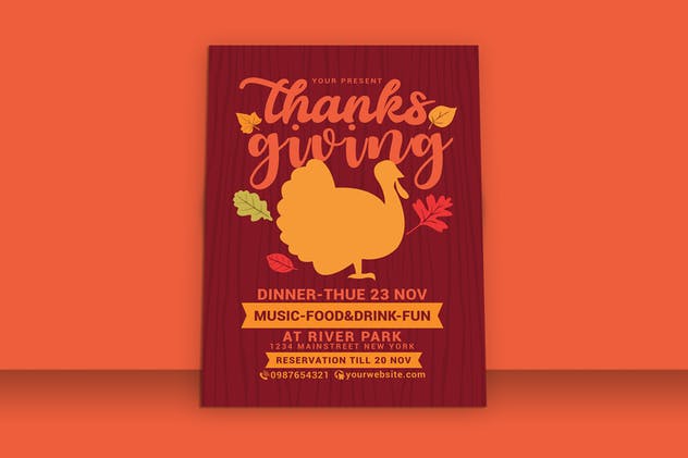 感恩节活动木纹背景海报设计模板 Thanksgiving Flyer设计素材模板