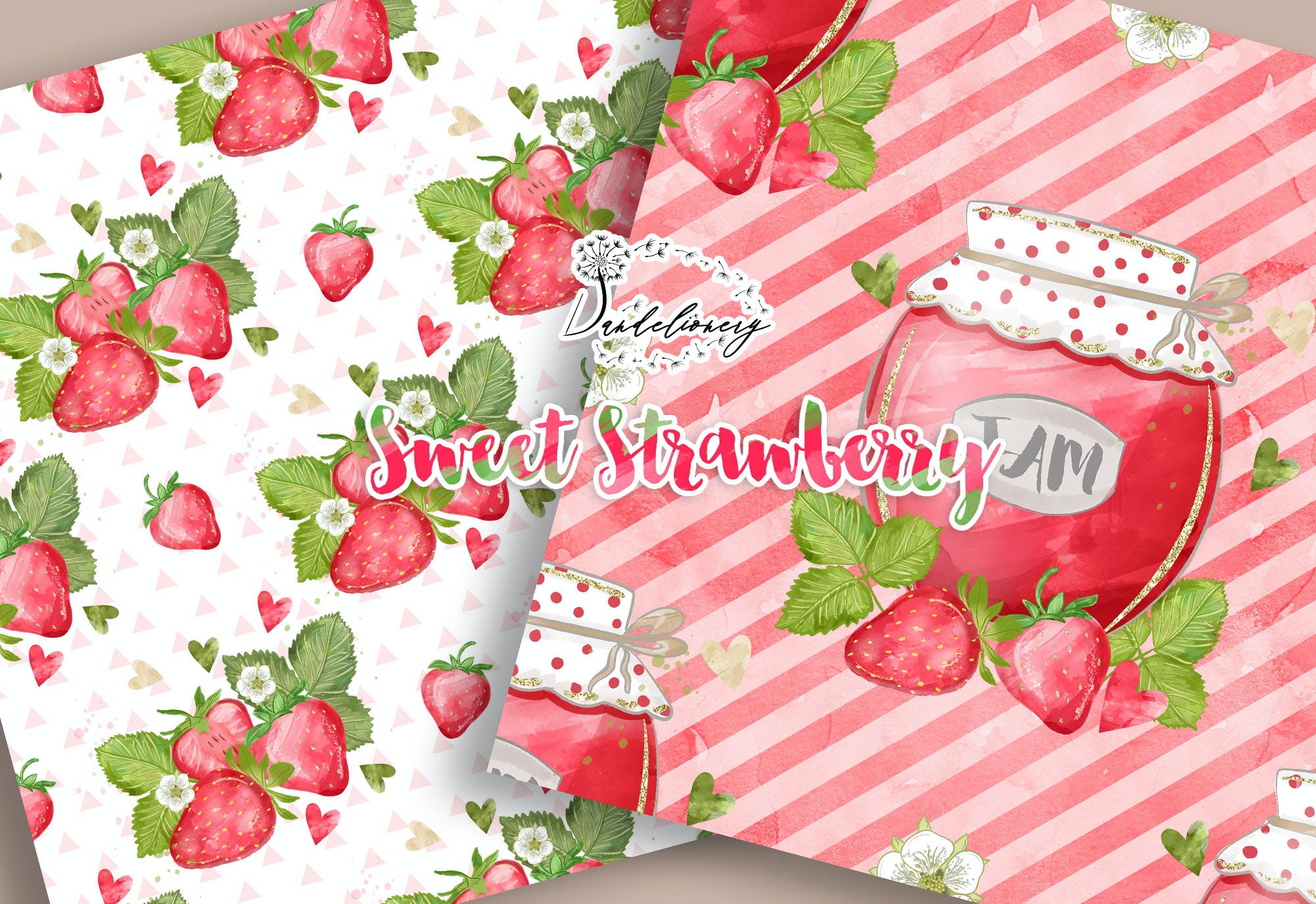 草莓水彩数码纸设计图案素材 Sweet Strawberry digital paper pack设计素材模板