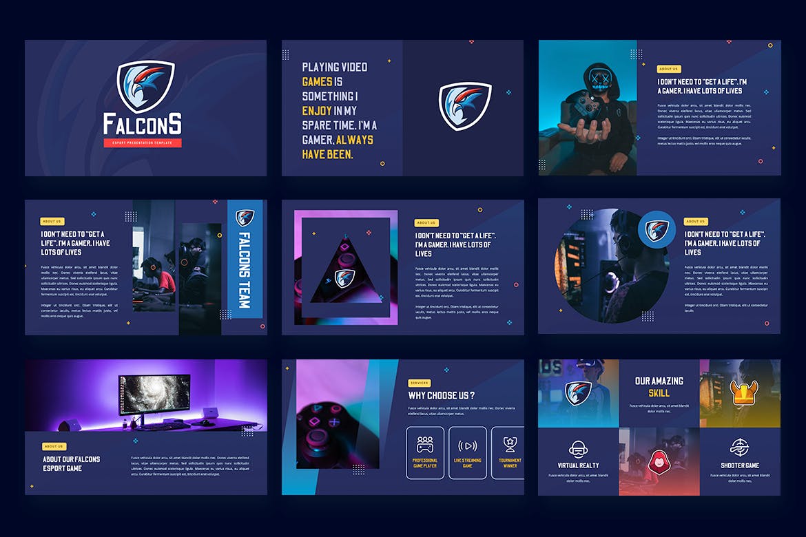 游戏项目/电子竞技宣传PPT幻灯片模板 Falcons – Esport & Gaming Powerpoint Template设计素材模板
