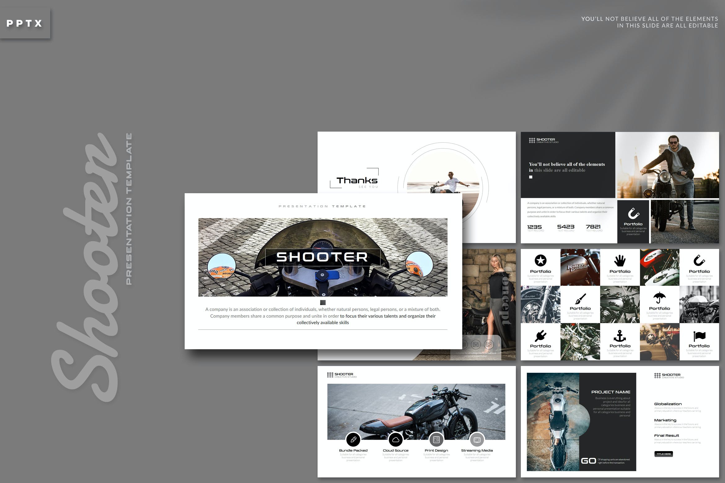 创意现代摩托车主题Powerpoint幻灯片模板 Shooter – Powerpoint Template设计素材模板