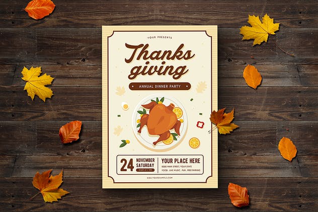 感恩节火鸡晚餐设计宣传单模板 Thanksgiving Dinner Flyer设计素材模板