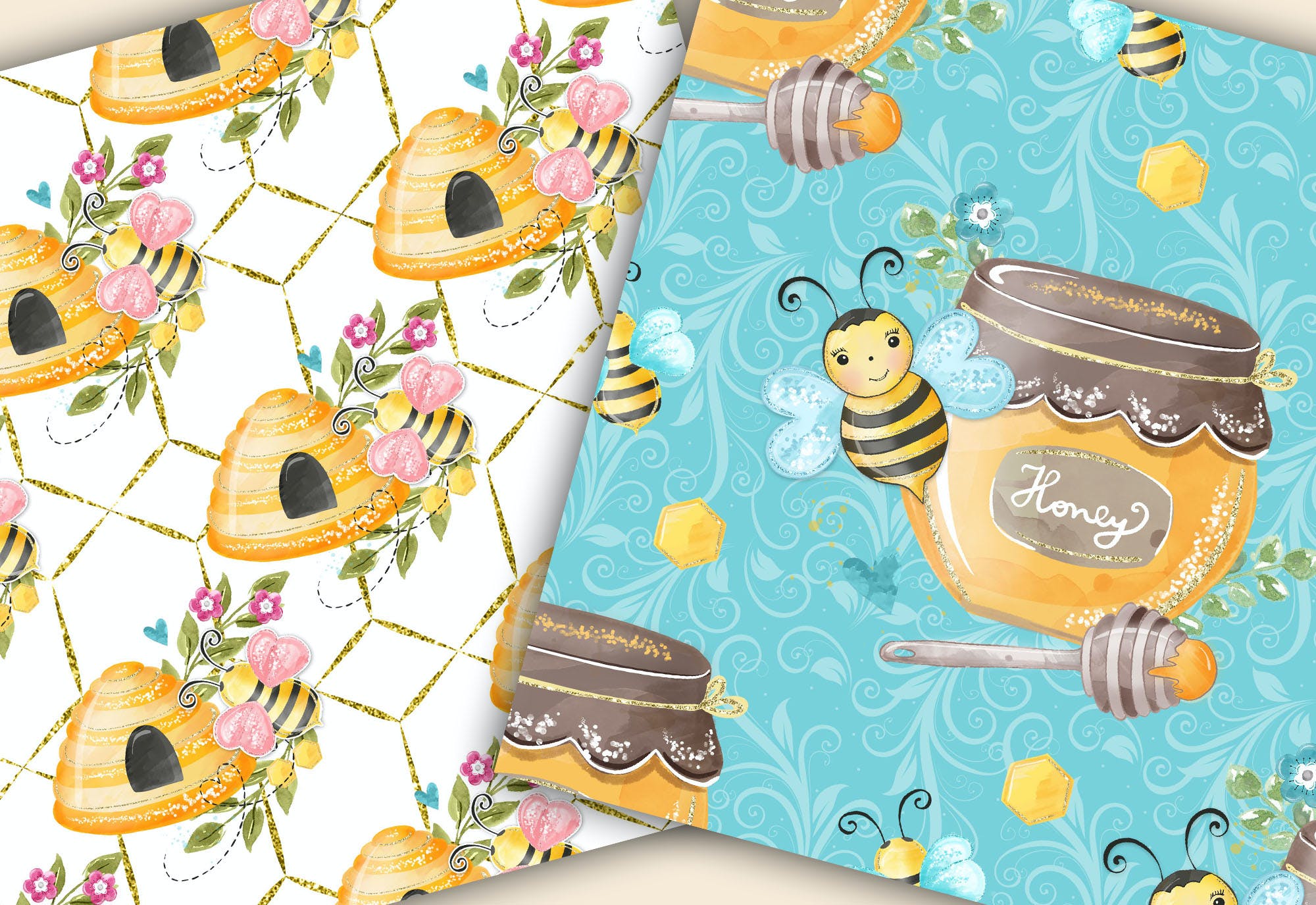 水彩数码纸大黄蜂图案设计素材 Bumble Bee digital paper pack设计素材模板