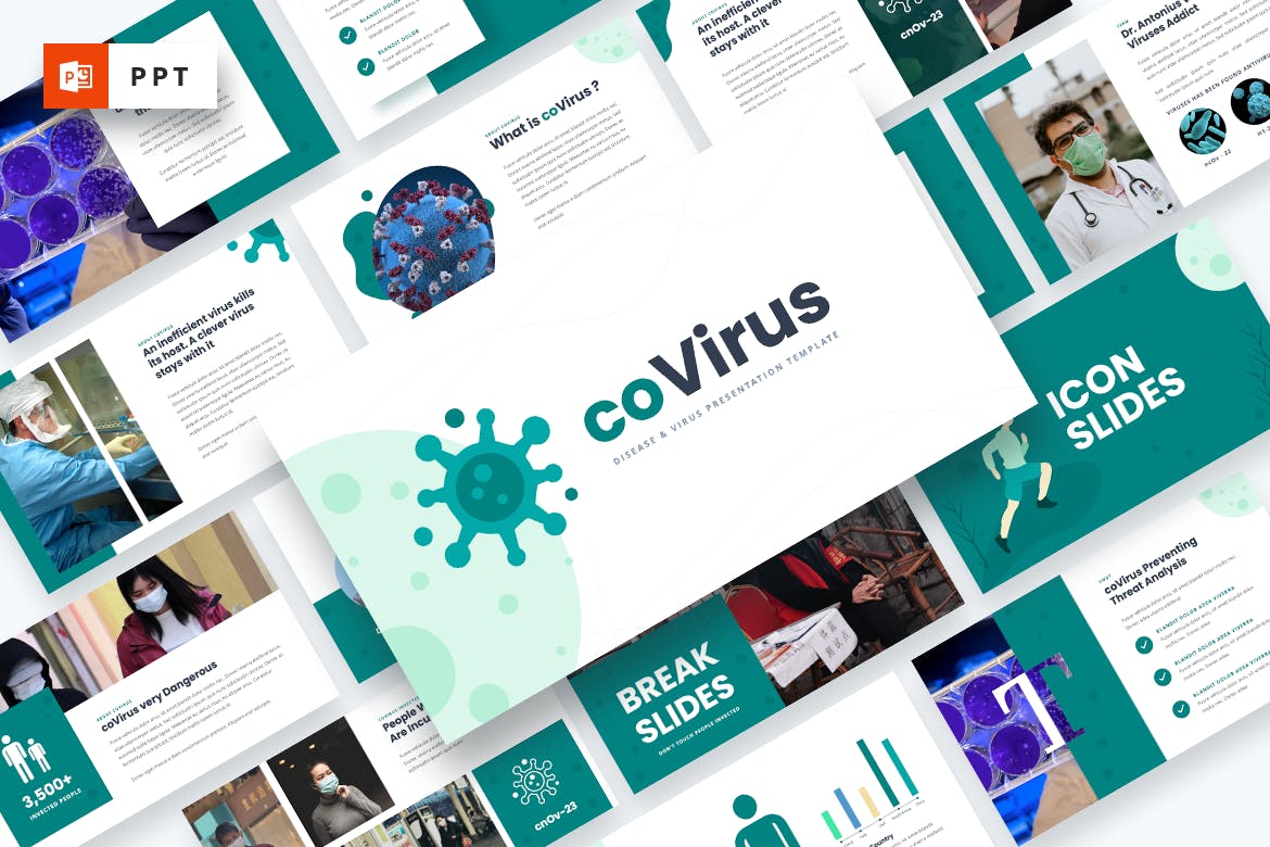科普演讲预防新冠PowerPoint模板下载 Covirus – Disease & Virus Powerpoint Template设计素材模板