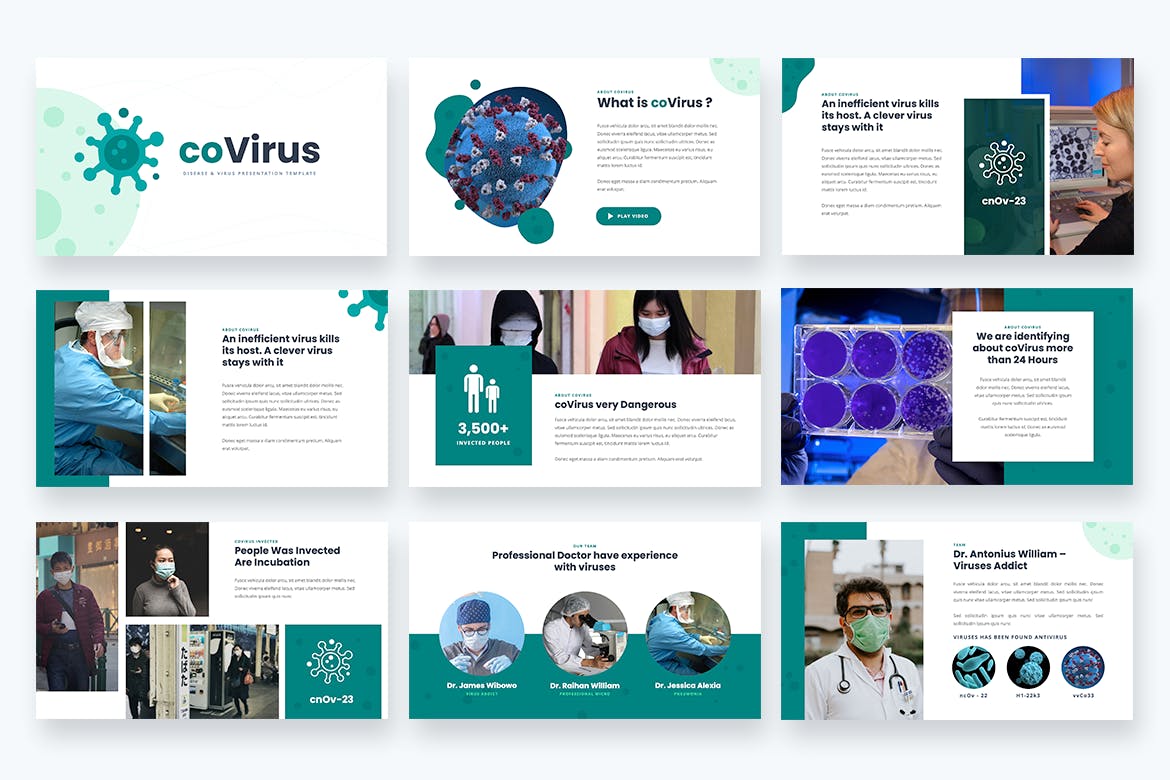 科普演讲预防新冠PowerPoint模板下载 Covirus – Disease & Virus Powerpoint Template设计素材模板