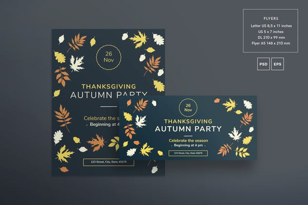 感恩节枫叶元素传单&海报设计模板 Thanksgiving Party Flyer and Poster Template设计素材模板