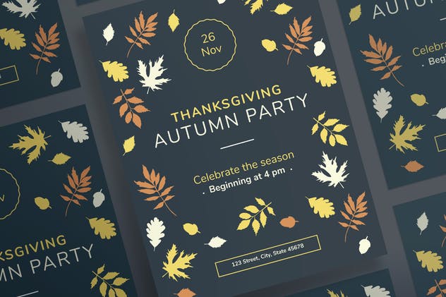感恩节枫叶元素传单&海报设计模板 Thanksgiving Party Flyer and Poster Template设计素材模板