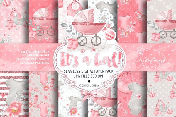 图案设计女婴水彩数码纸素材 Baby Girl digital paper pack