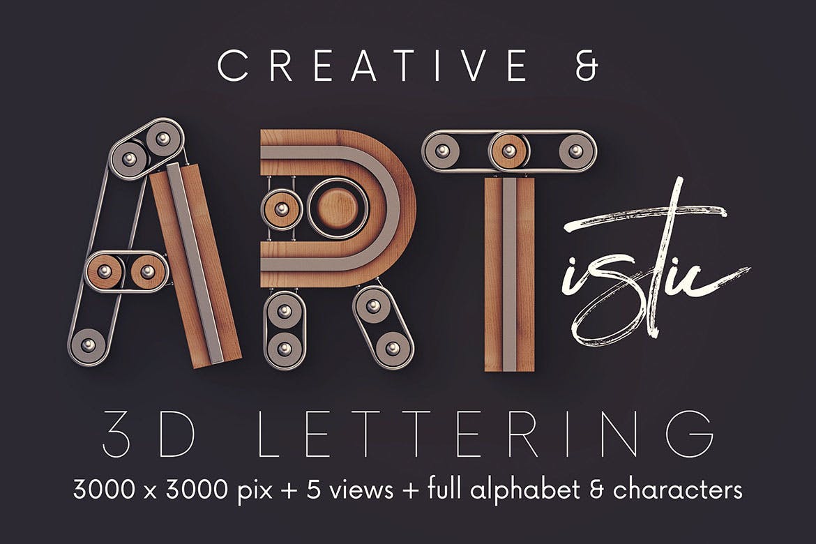 朋克风格木头蒸汽3D立体英文字母PNG素材 Creator – 3D Lettering设计素材模板