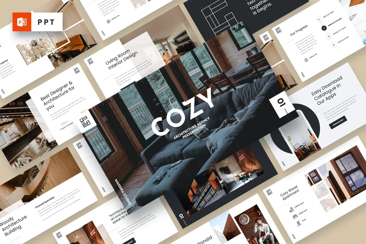 商品展示家具商城Powerpoint幻灯片模板下载 COZY – Architecture Agency Powerpoint Template设计素材模板