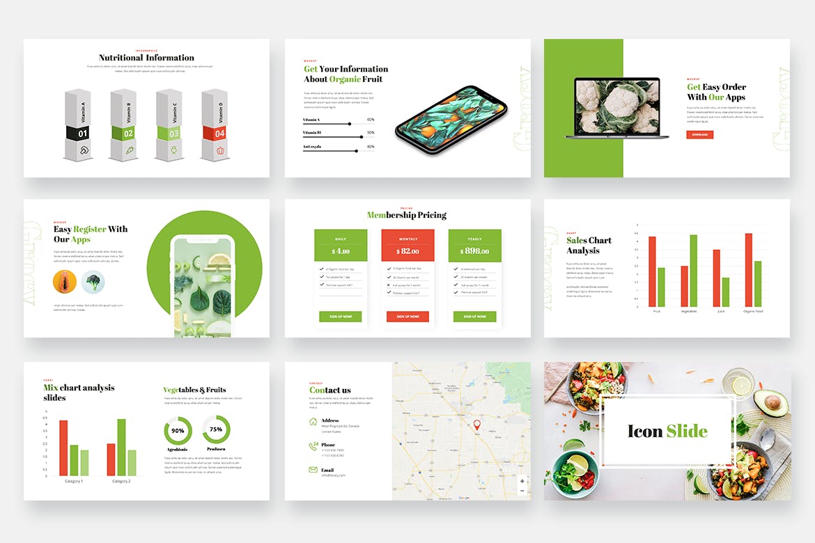 在线预售有机蔬果PPT演示文稿模板 Grocy – Grocery & Organic Food Powerpoint Template设计素材模板