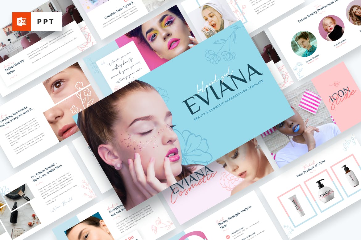 PPT幻灯片美容院主题模板下载 Eviana – Beauty & Cosmetic Powerpoint Template设计素材模板