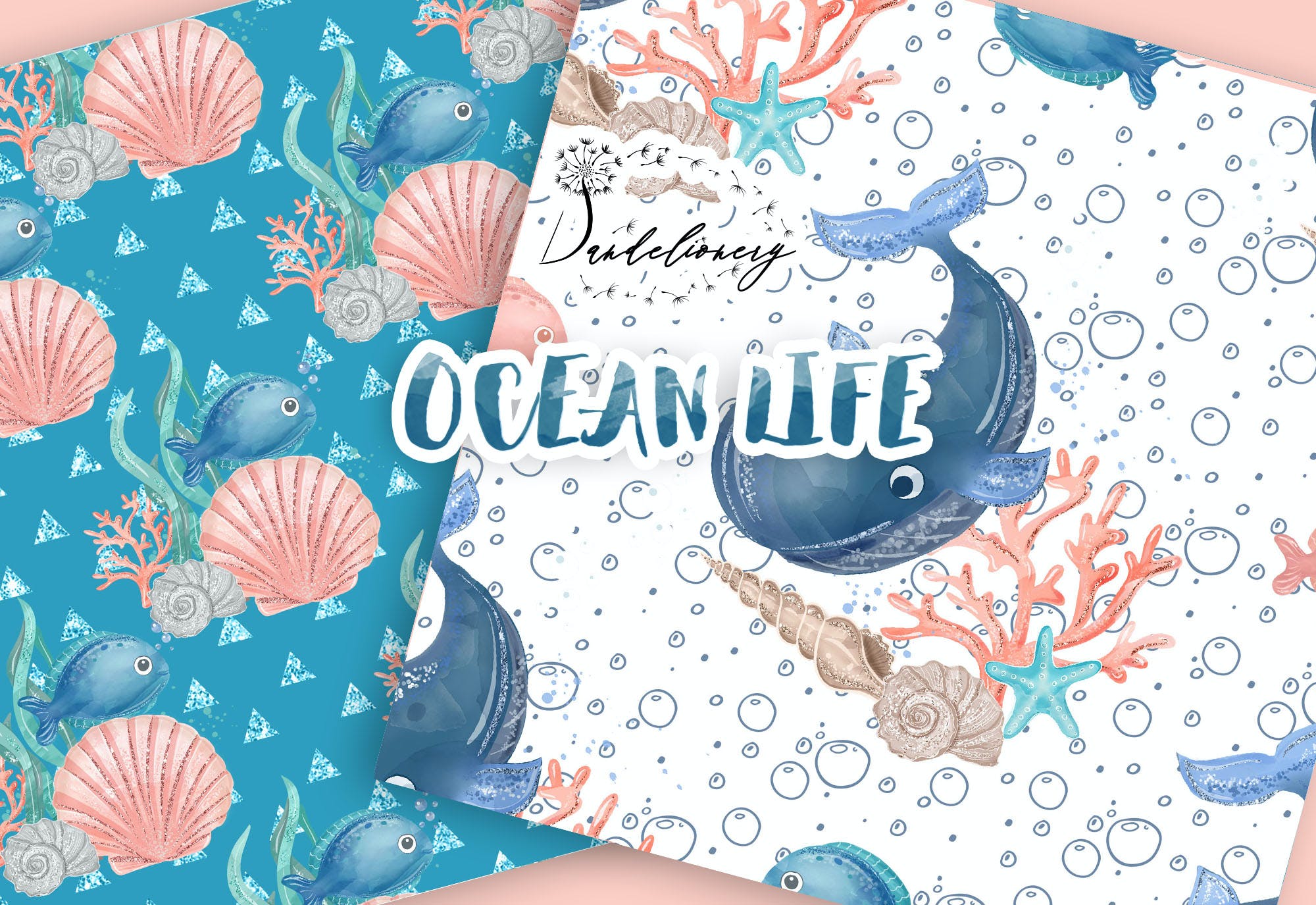 水彩数码纸海洋生物图案设计素材 Ocean Life digital paper pack设计素材模板