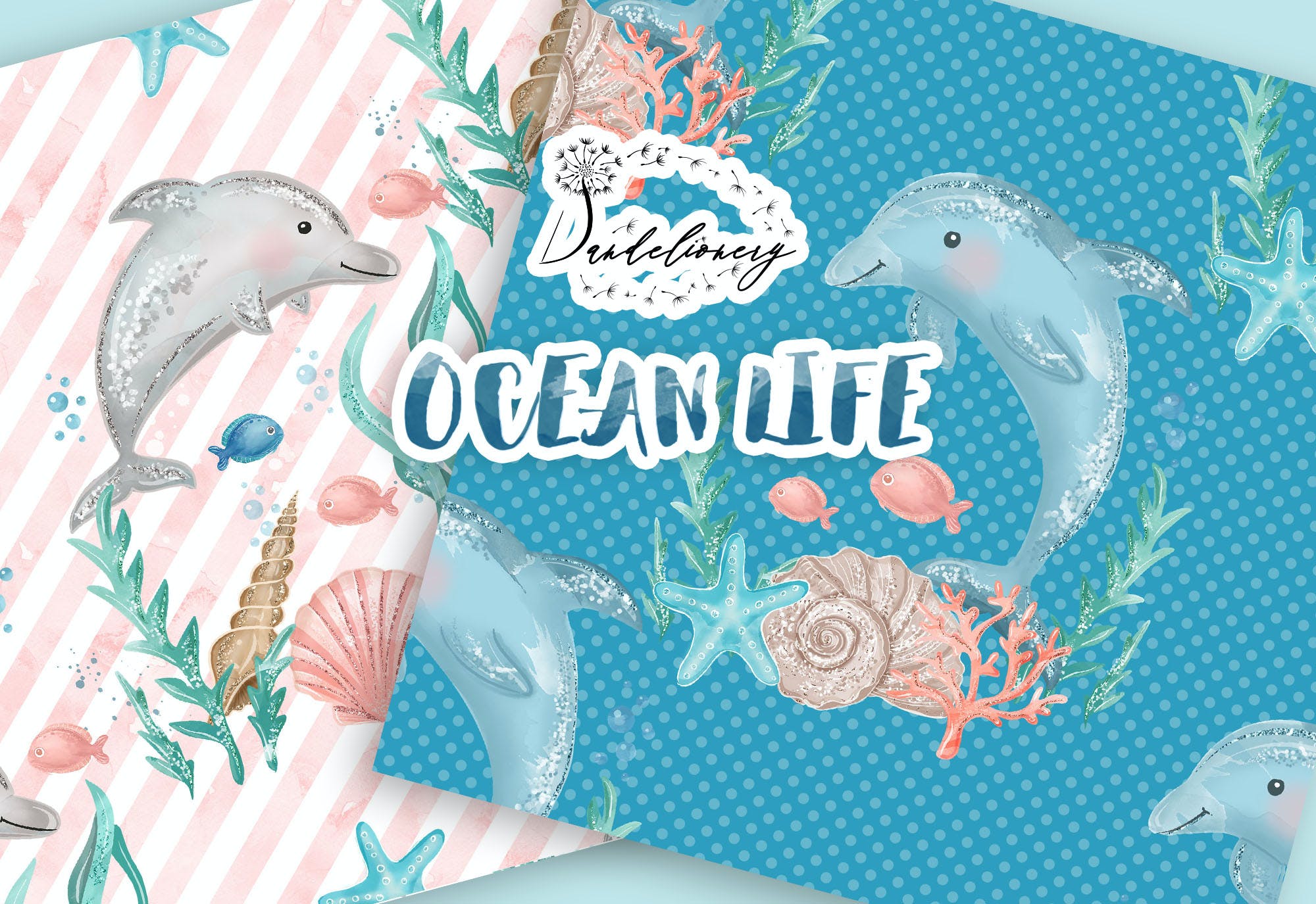 水彩数码纸海洋生物图案设计素材 Ocean Life digital paper pack设计素材模板