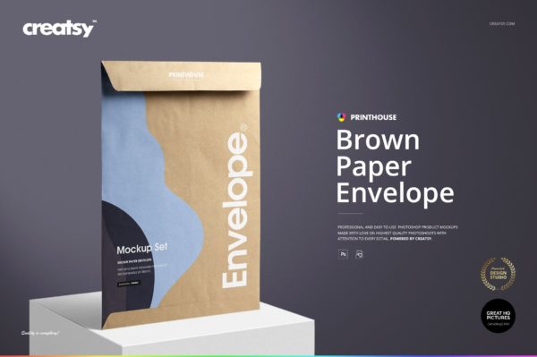  时尚牛皮纸信封袋设计展示PSD贴图样机 Brown Paper Envelope Mockup Set 