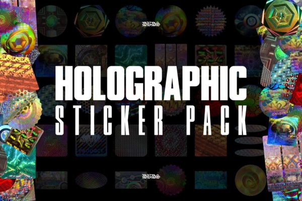 30款潮流高级全息镭射不干胶标签贴纸PNG免抠图片素材 Holographic Sticker Pack