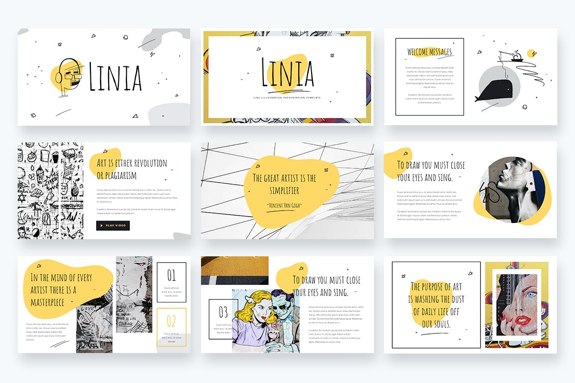 动漫线条美式插图设计Powerpoint模板 LINIA – Line Illustration Powerpoint Template设计素材模板