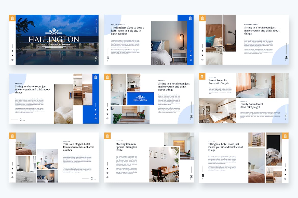 豪华酒店介绍服务Powerpoint演示模板 Hallington – Luxury Hotel Powerpoint Template设计素材模板