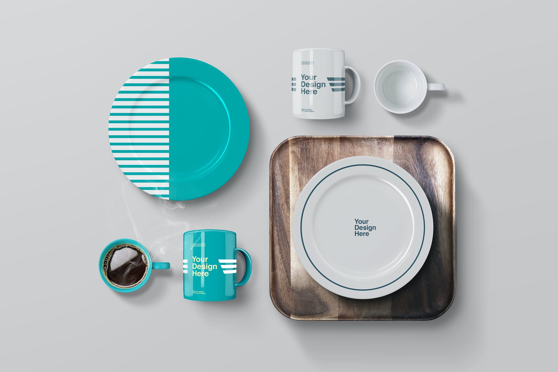 咖啡杯/圆盘/木制托盘展示样机 Plates, Mug Coffee & Wooden Tray Mockup设计素材模板