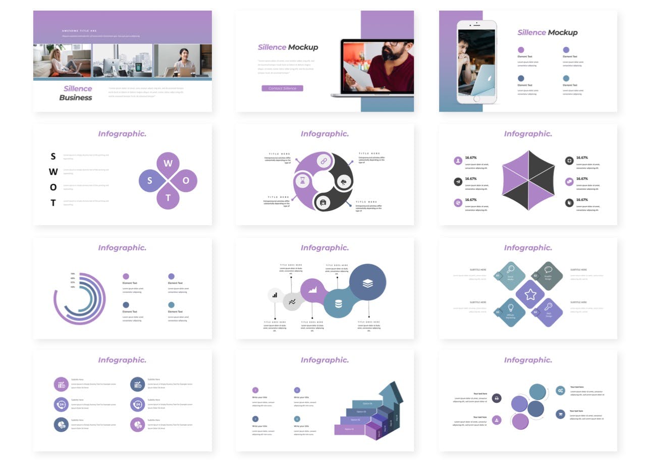 渐变紫幻灯片创意演示PowerPoint模板 Sillence – Presentation Template设计素材模板