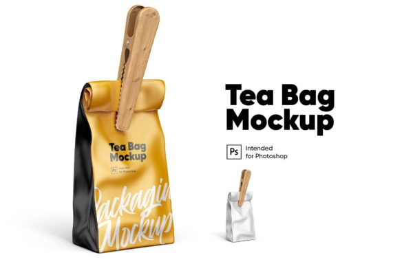 茶叶袋木夹子包装设计样机模板 Tea Bag Mockup