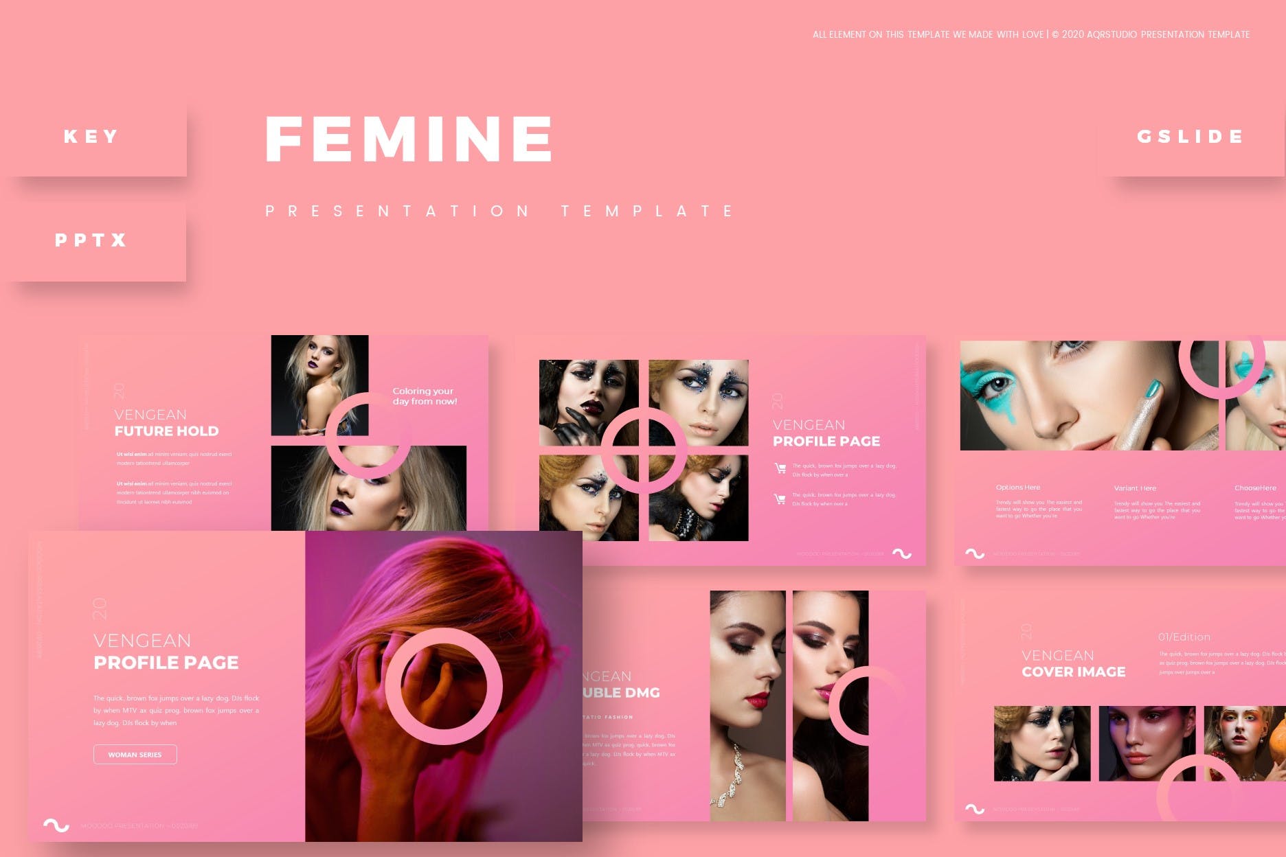 彩妆主题粉色背景产品展示PPT演示模板 Femine – Presentation Template设计素材模板