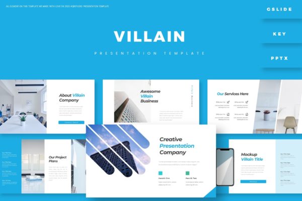 蓝色元素创意设计演讲PPT模板合集 Villain – Presentation Template