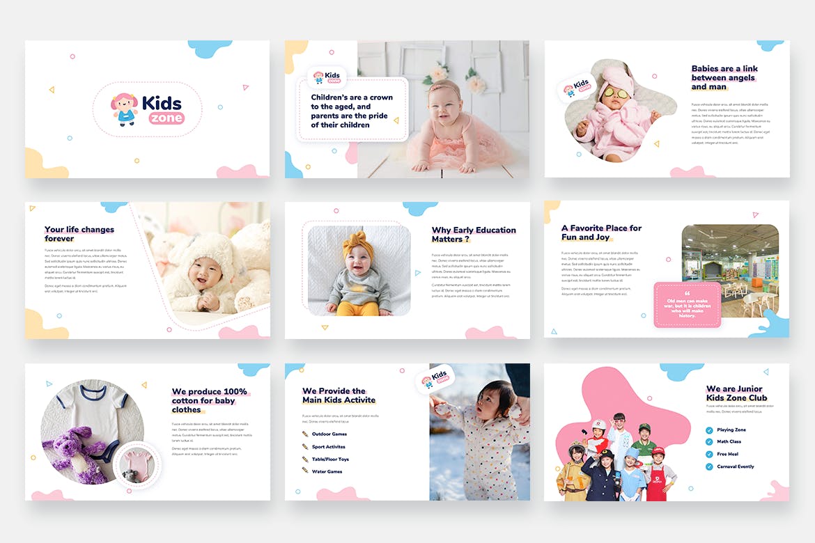 幼儿园简介PowerPoint演示模板 Kids Zone – Kids & Baby Powerpoint Template设计素材模板