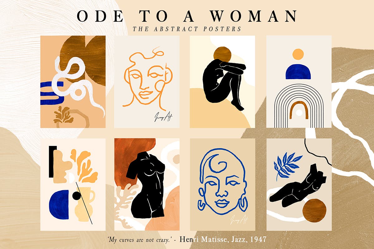 8款现代抽象女性主义印花插画套装 8 Abstract Feminine Ode to a Woman Print Set设计素材模板