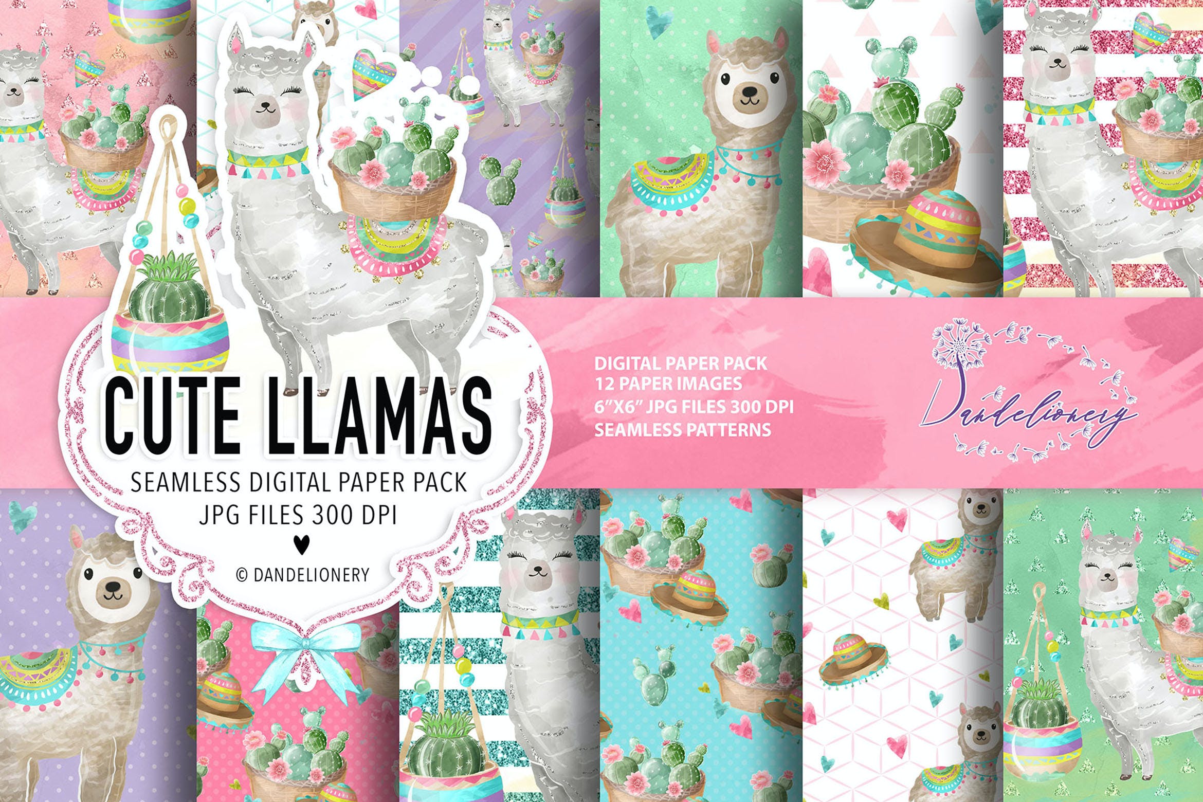 美洲驼水彩数码纸设计图案素材 Cute Lama digital paper pack设计素材模板
