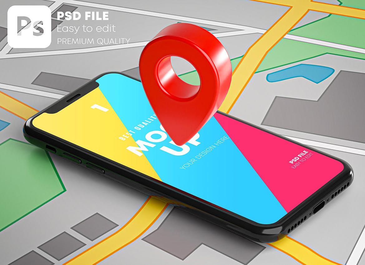 智能手机红色GPS标记定位地图元素样机素材包 Smartphone Red GPS Pin Point On Map Mockup Pack设计素材模板