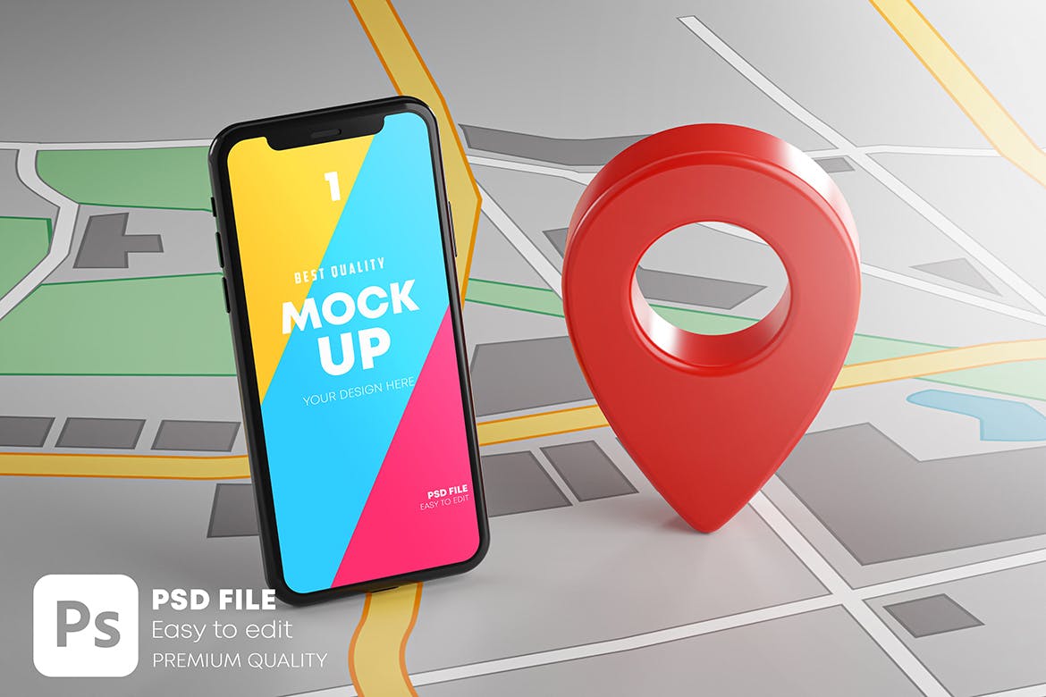 智能手机红色GPS标记定位地图元素样机素材包 Smartphone Red GPS Pin Point On Map Mockup Pack设计素材模板