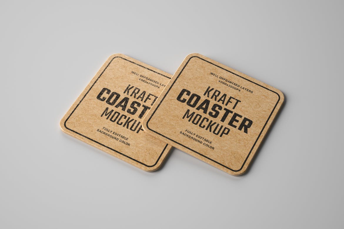 杯垫标签设计复古牛皮纸饮料样机模板集 Kraft Beverage Coaster Mockup Set设计素材模板