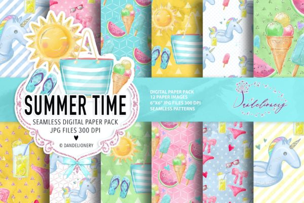 水彩数码纸夏季时光图案设计素材 Summer Time digital paper pack
