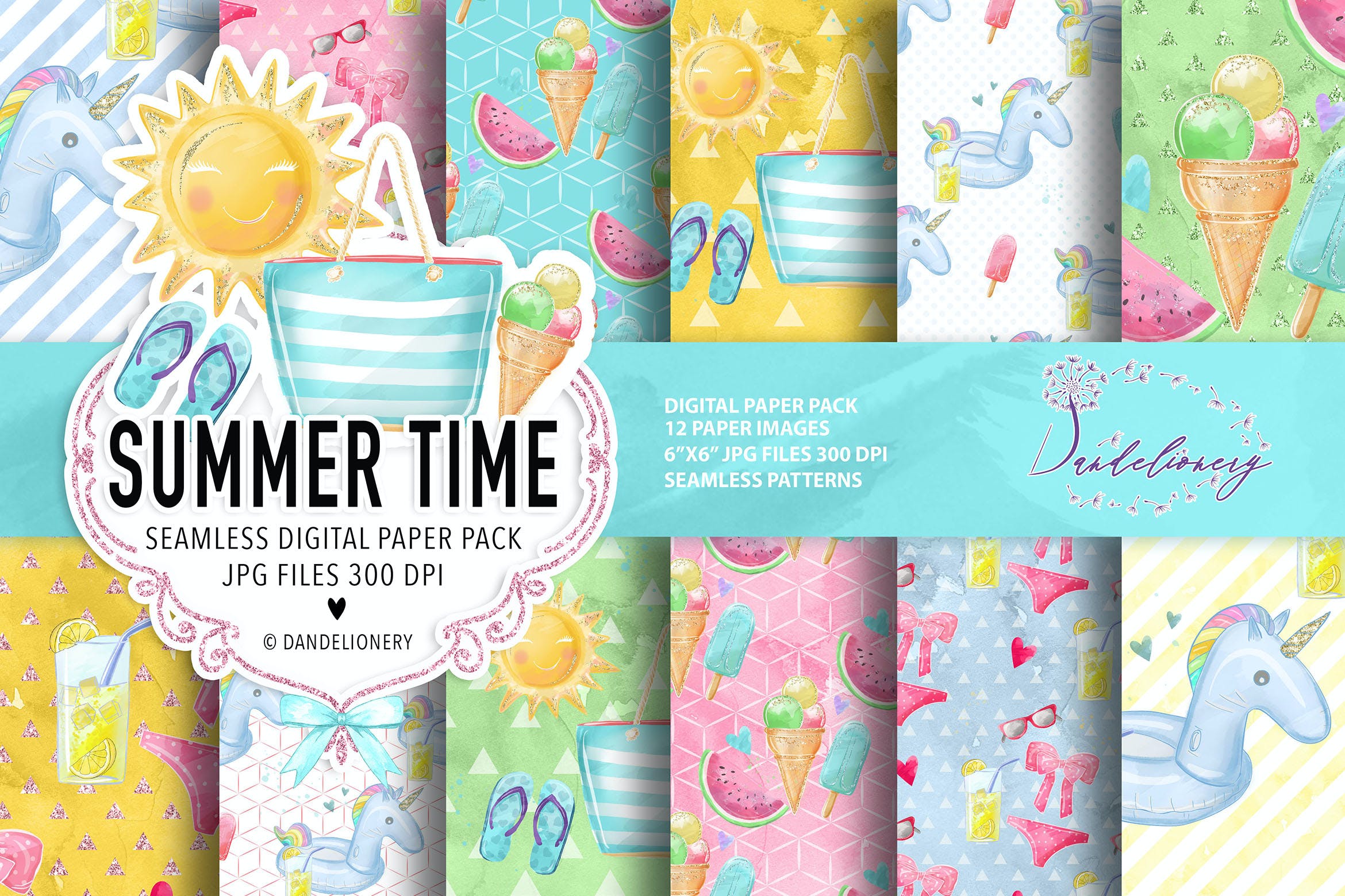 水彩数码纸夏季时光图案设计素材 Summer Time digital paper pack设计素材模板