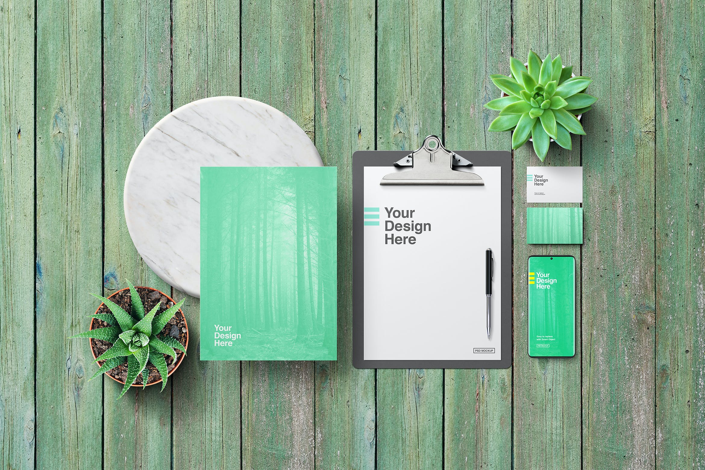 企业文具品牌绿色木板背景VI设计样机 Stationery Mockup – Green Wooden设计素材模板