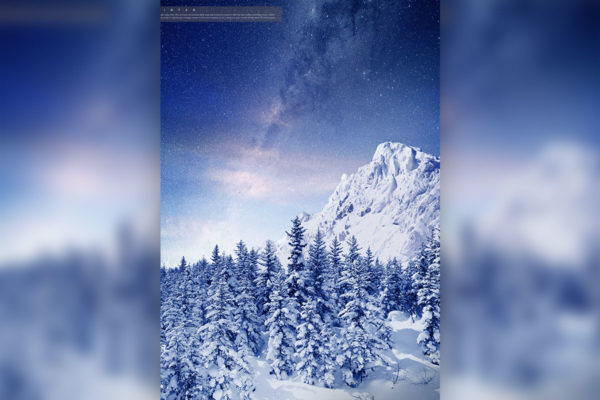雪山&厚雪松树冬季背景海报设计模板
