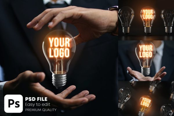 Logo设计发光灯泡样机套装 Glowing Bulb Logo Mockup Bundle