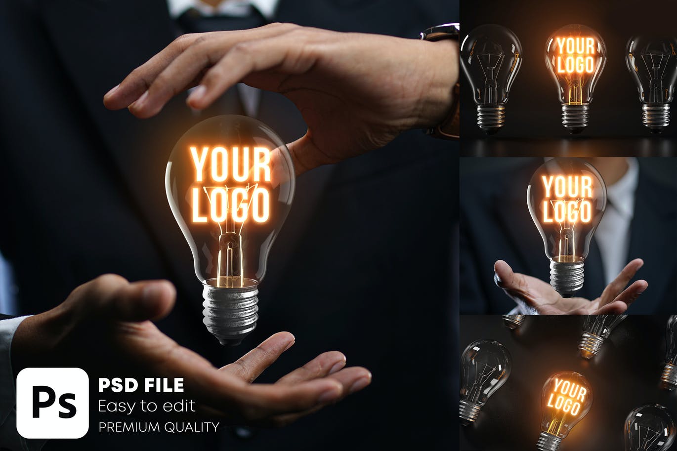 Logo设计发光灯泡样机套装 Glowing Bulb Logo Mockup Bundle设计素材模板