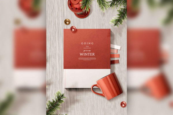 圣诞元素红色精装书冬季海报设计素材