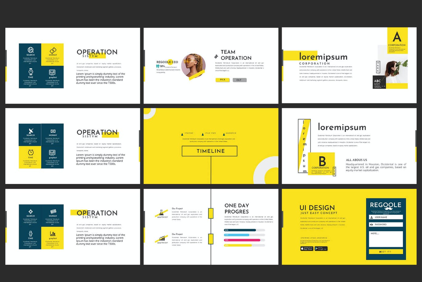 工作室团队成员介绍黄色主题Powerpoint模板 Regoole – PowerPoint Template设计素材模板
